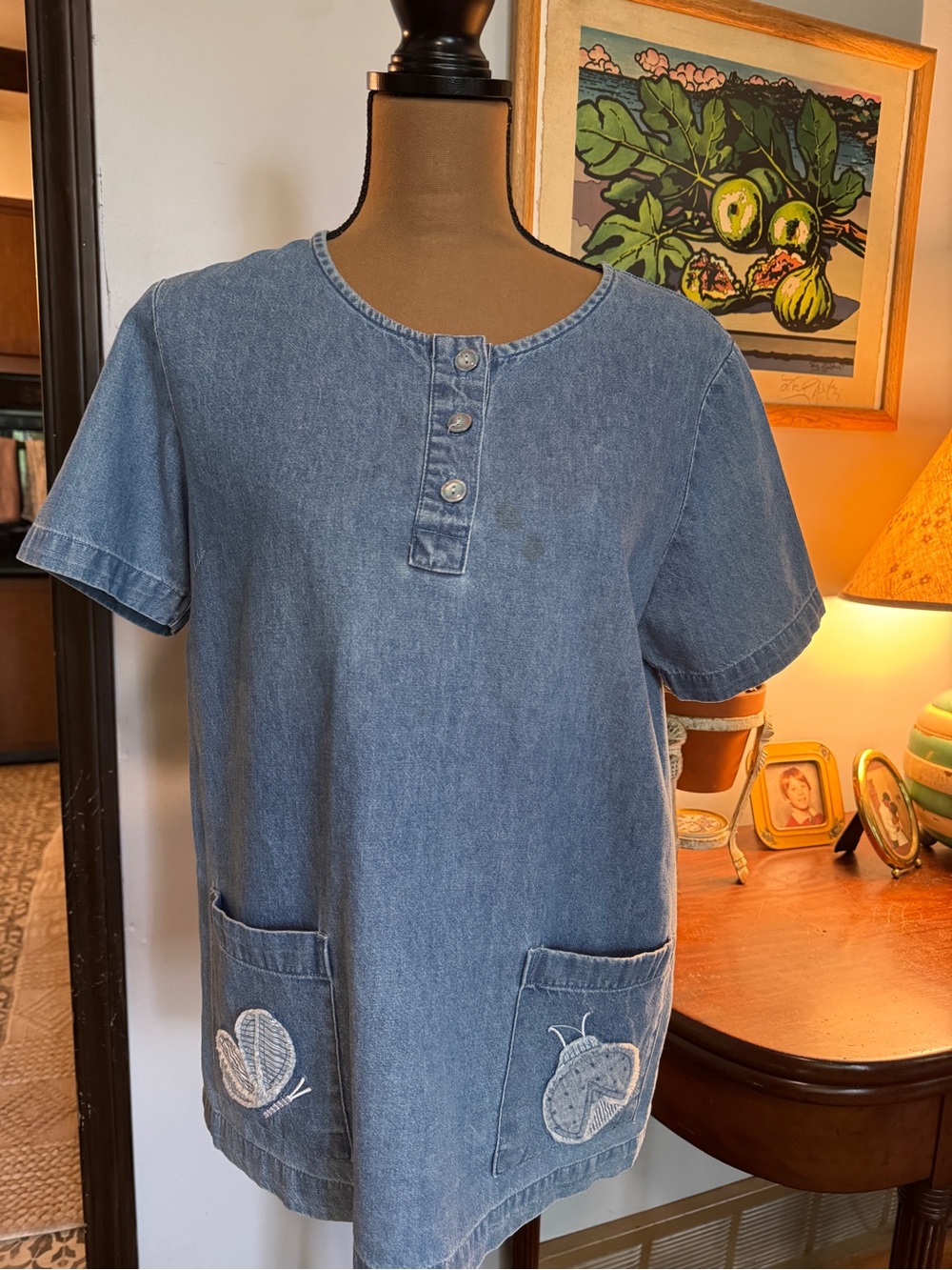 Vintage Denim Short Sleeve Tunic Top Popover with Front Pockets Butterflies